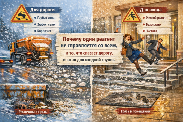 Почему один реагент не справляется со всем, а то, что спасает дорогу, опасно для входной группы Почему один реагент не справляется со всем, а то, что спасает дорогу, опасно для входной группы